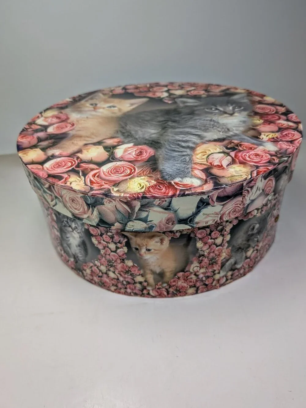 Vintage Large Round Kitten & Pink Roses Cardboard Hat Box Storage 12